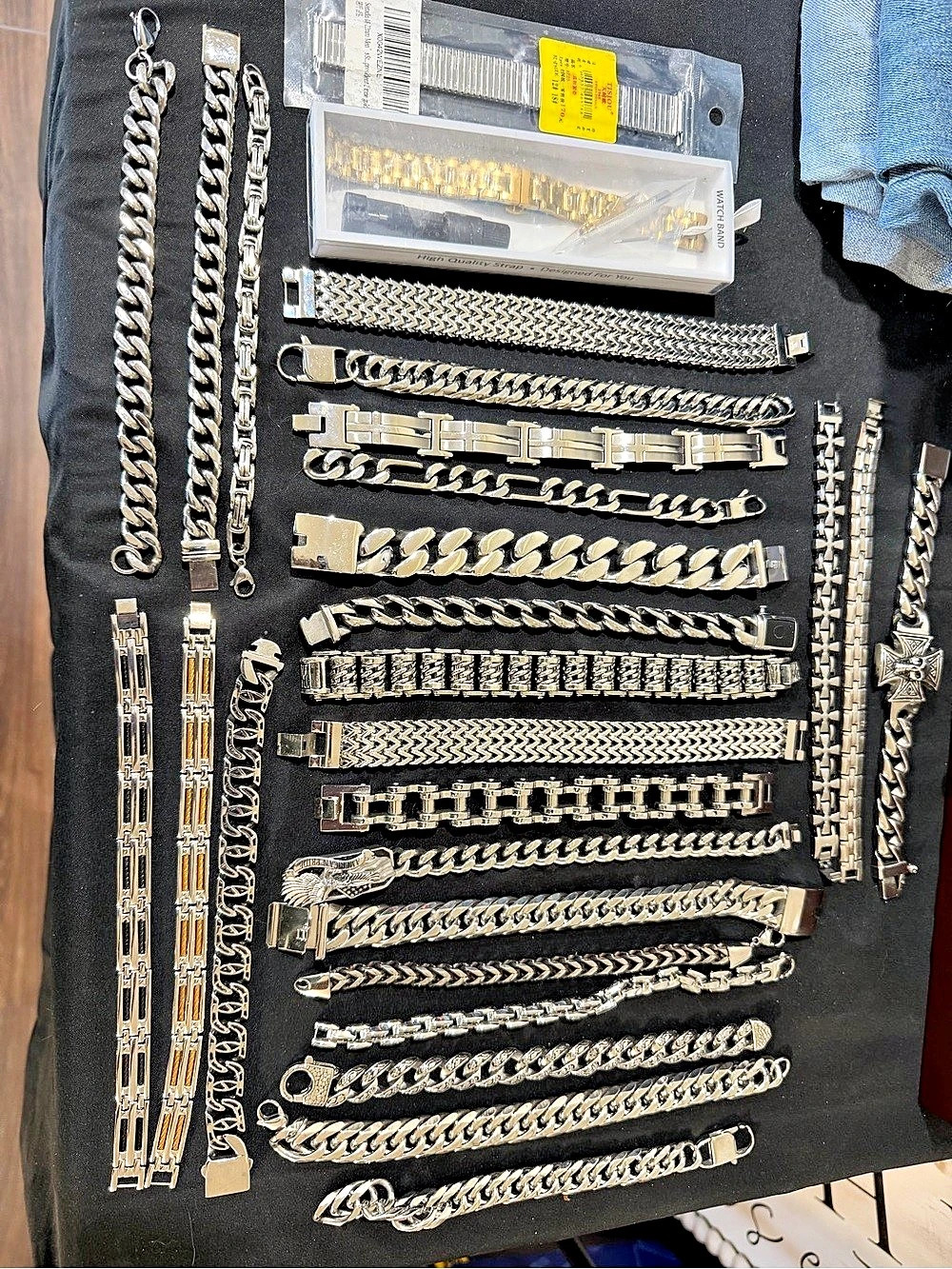 Huge Lot of Mens Stainless Steel Bracelet Assortment- includes all and 2 watch b
